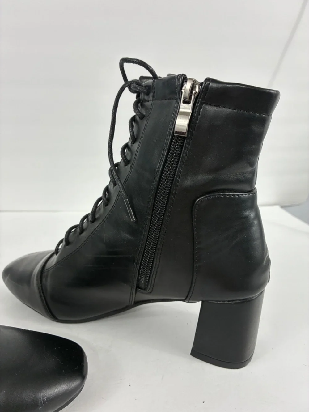 Witchy Lace-up Witch Boots Black Square Toe Fitted Ankle Smooth Vegan Leather